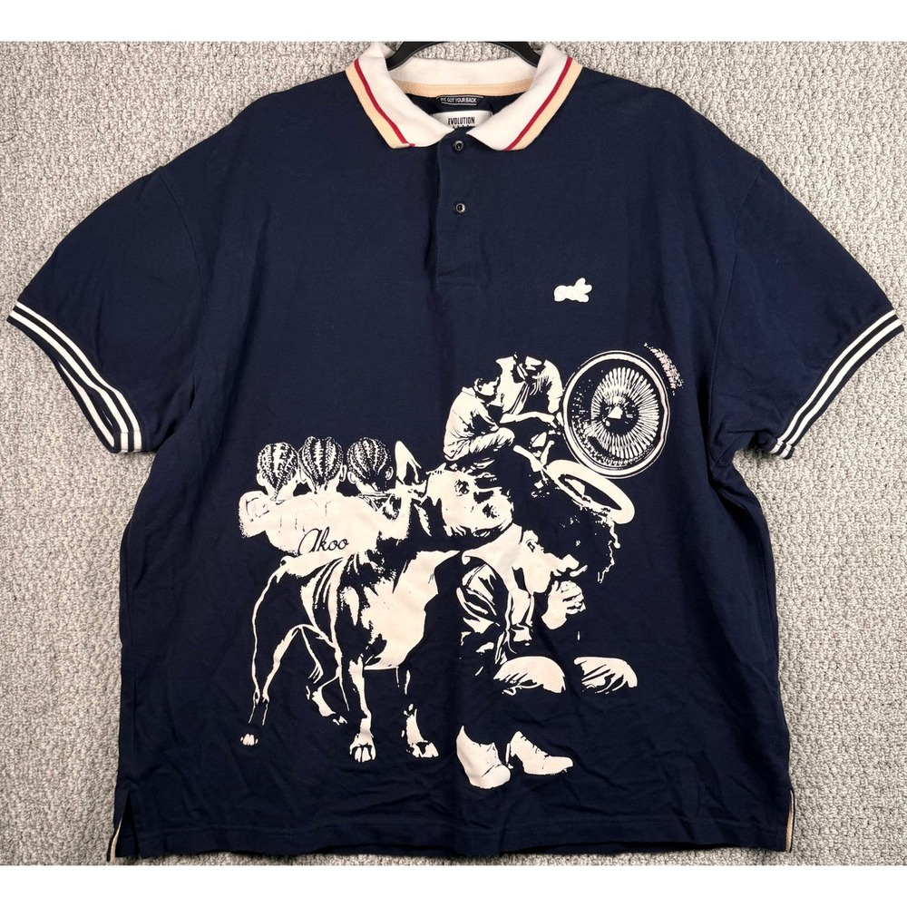 AKOO Evolution Polo Shirt 4XL Navy Blue Graphic Print Streetwear Cotton Mens Tee